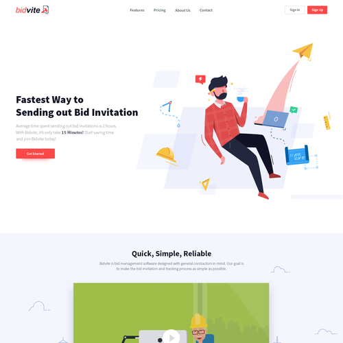 UI design with the title 'Landing Page Design for Bidvite'