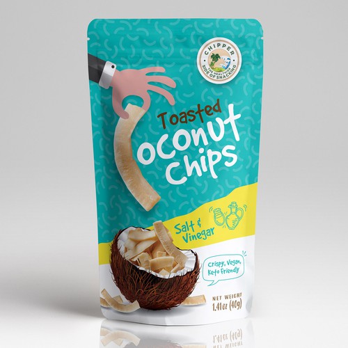 Playful packaging with the title 'Pouch Design for Coconut Chips'