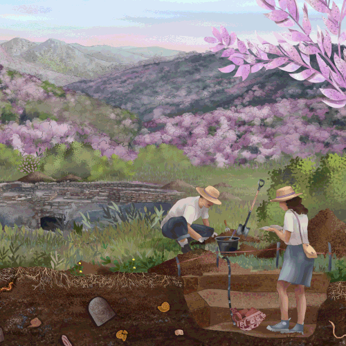 Botanical illustration with the title 'San Pedrito bird flying animation'