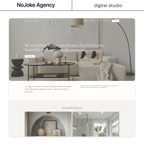 Figma design with the title 'Interior Design Website by NoJoke Agency'