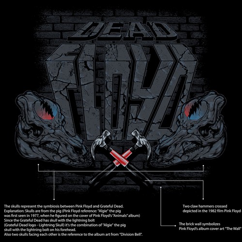 Brick design with the title 'T-shirt forPink Floyd/Grateful Dead cover band'