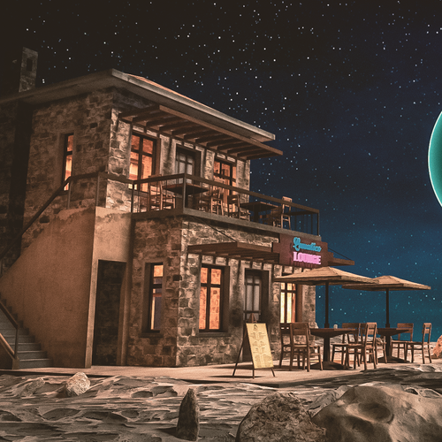 Lounge design with the title '3D Deisgn of bar on the moon'