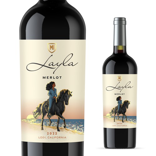 Horse design with the title 'Hand-drawn label for Layla, MI Wines.'