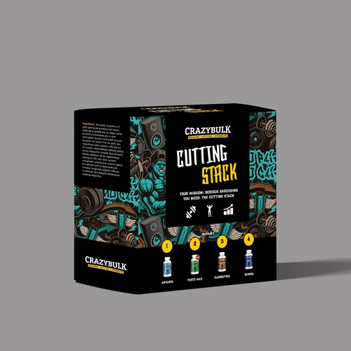 Masculine packaging with the title 'Box Packaging For Gym Supplements'