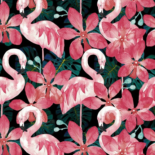 Flower artwork with the title ' Seamless jungle textile pattern with flamingos'