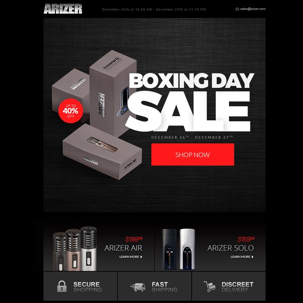 Eblast design with the title 'Arizer Email Promotion - Boxing Day Sale'