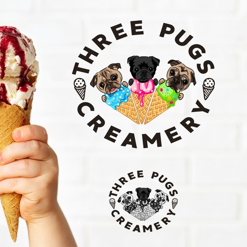Paper design with the title 'Three Pugs Creamery'