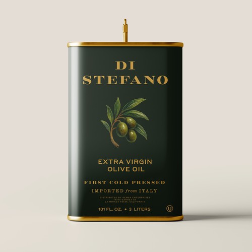 Italian design with the title 'DI' STEFANO EXTRA VIRGIN OLIVE OIL Tin'