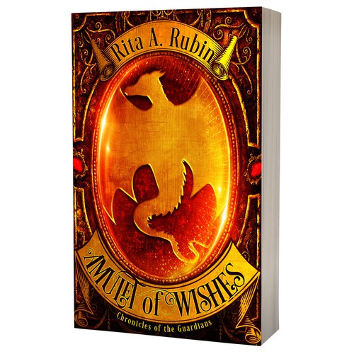Dragon book cover with the title 'Book cover design - Amulet of Wishes by Rita A. Rubin'