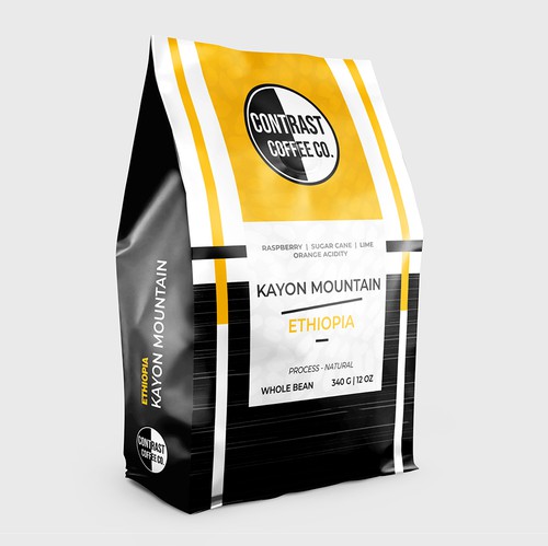 Yellow packaging with the title 'Contrast Coffee Co. Community Coffee Lineup'