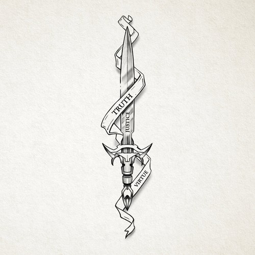 Ribbon design with the title 'Justice, Truth & Virtue Sword Tattoo  🗡⚖'