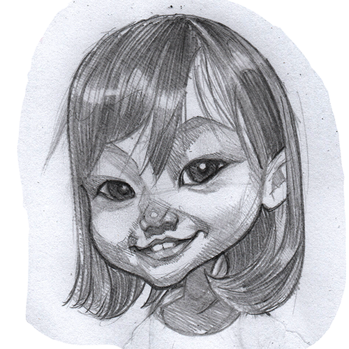 Pencil artwork with the title 'turn my daughter into a cartoon character'