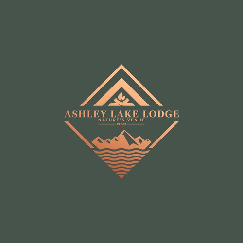 Lodge design with the title 'ASHLEY LAKE LODGE- GREEN BG- GOLDEN LOGO'