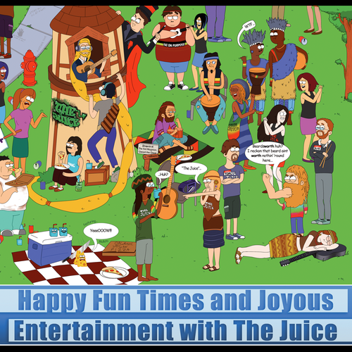 Animated illustration with the title 'Unleash your cartoon chops on a 'funny' scene for our album cover. It will be FUN.'