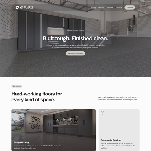 Garage design with the title 'White Glove Epoxy Floors'