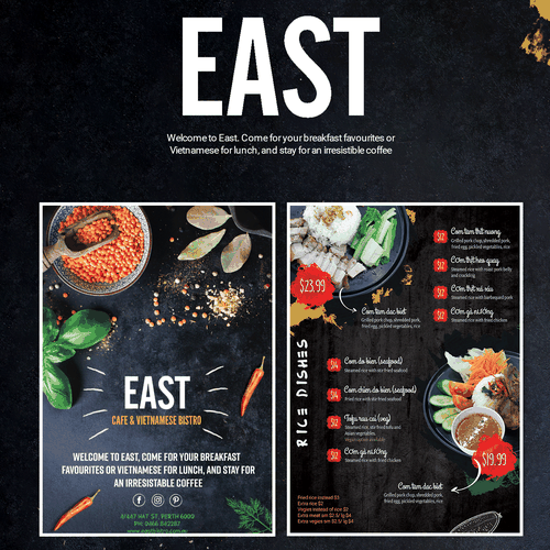 Uplifting design with the title 'Menu for Vietnamese Restaurant - EAST CAFE'