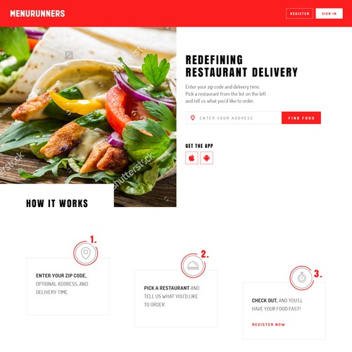Red website with the title 'Homepage for food delivery service'