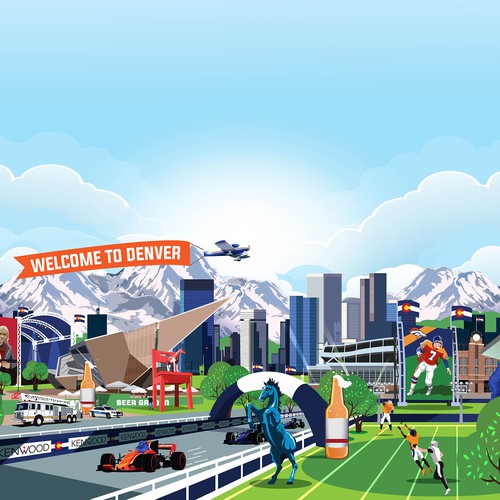 Mural artwork with the title ' Illustrate a "Where's Waldo-style" mural of Denver, CO with iconic city elements'