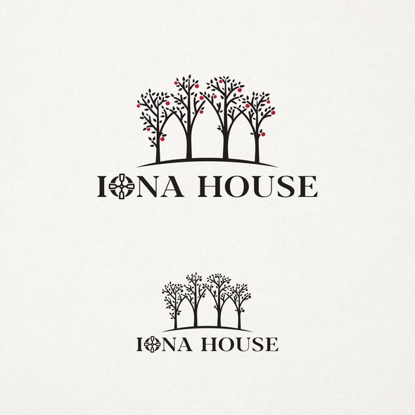 Tree and church logo with the title 'Logo design for Iona House.'