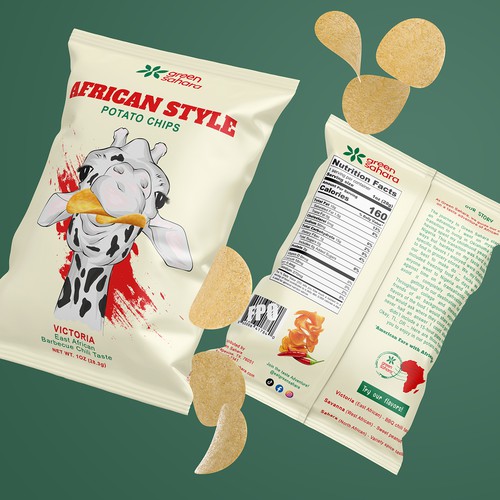 Potato chip packaging with the title 'African Style Potato Chips'
