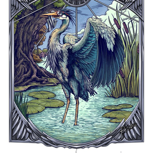 Heron design with the title ' The Grey Heron – Metal Element  tshirt design'