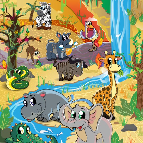 Safari design with the title 'Fun vector cartoon children's characters'
