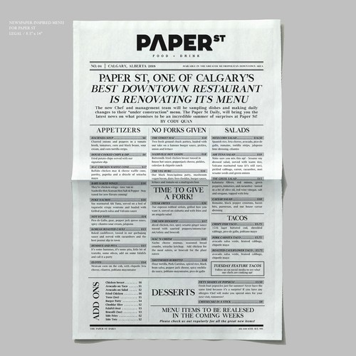 Newspaper design with the title 'Newspaper-inspired Menu Design for Paper St'