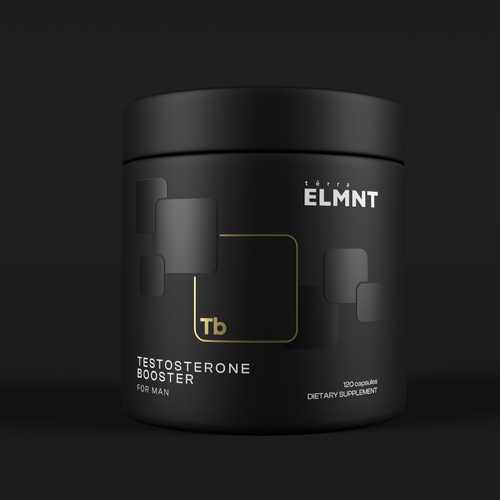 Black and white packaging with the title 'testosterone booster'