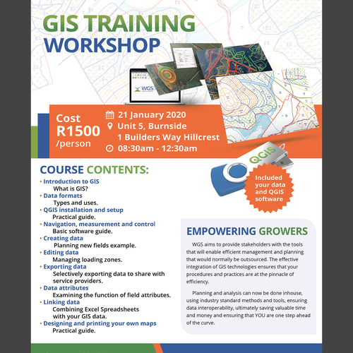 Workshop design with the title 'A simple design required for a single page advert for a GIS training course.'