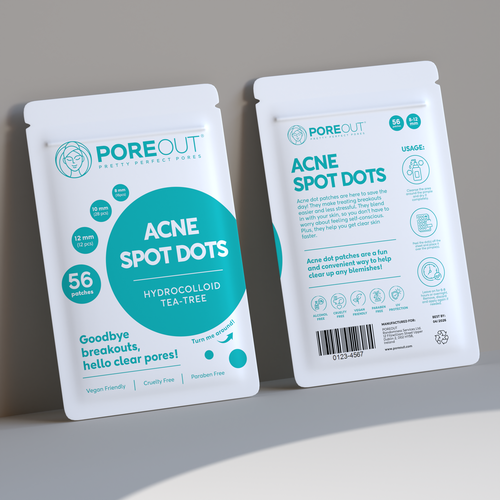 Pouch packaging with the title 'Packaging Design for a Facial skincare brand "Poreout®" Acne Dot Patches'