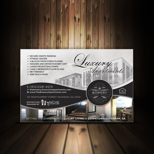 Apartment design with the title 'Postcard Design - Savannah Magazine Ad-The Bowery Apartments'