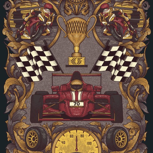 Engraving artwork with the title 'Macau Grand Prix 70th'