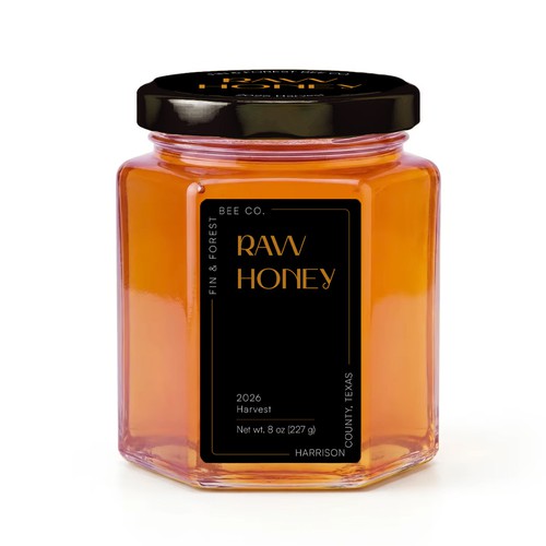 Honey label with the title 'Modern black and gold label for honey'