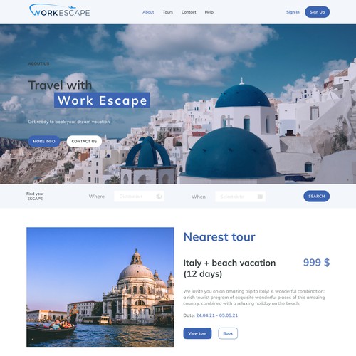 Travel agency website with the title 'Landing page for a travel company Work Escape'