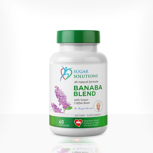 Dietary supplement label with the title 'Sugar Solutions Banaba Blend'
