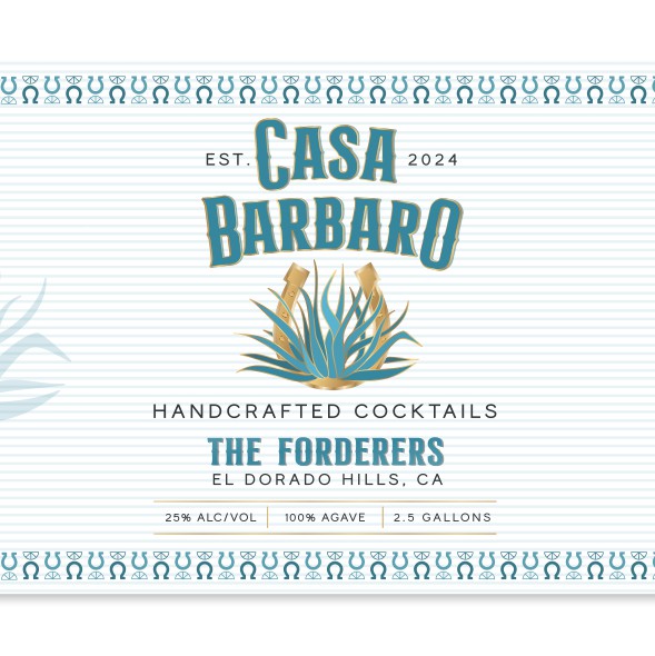 Teal design with the title 'Label Design for Casa Barbaro'