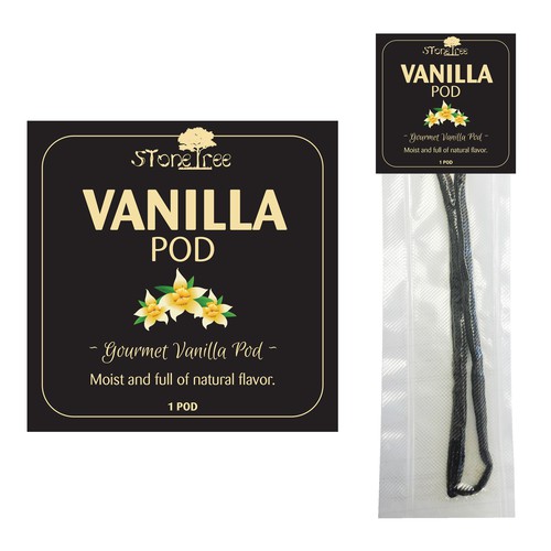 Food packaging label with the title 'Gourmet Vanilla Pod'