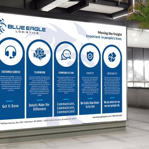 Program design with the title 'Poster for Blue Eagle Logistics Core Values Communication Program'