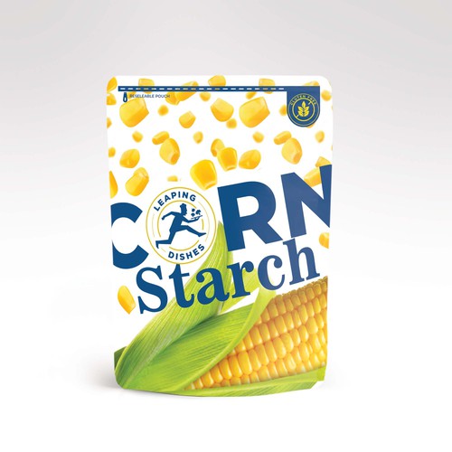 Stand-up pouch packaging with the title 'Bold design for corn starch'