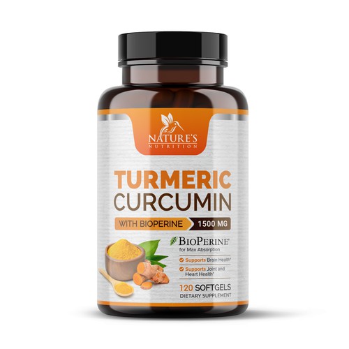 Photoshop label with the title 'Turmeric Curcumin Dietary Supplement Label Design'