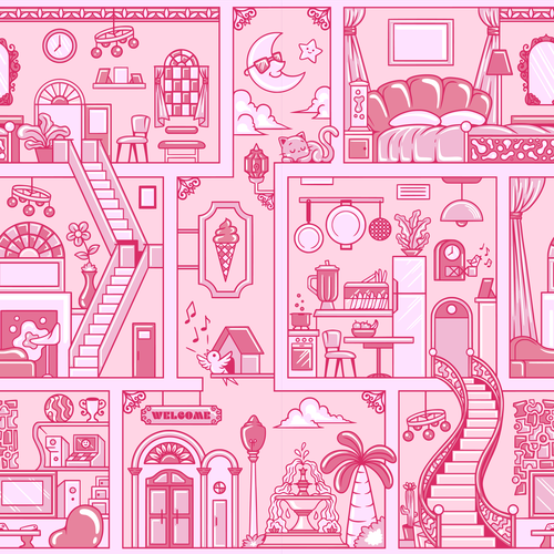 Doll design with the title 'Barbie House Seamless Pattern'