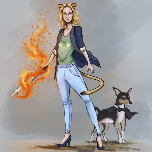 Superhero artwork with the title 'Superhero Portrait of a Woman and her dog'