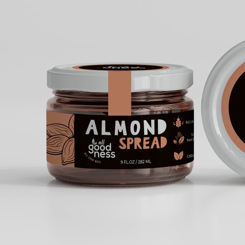 Nut packaging with the title 'AllGoodness Almond Spread label design'