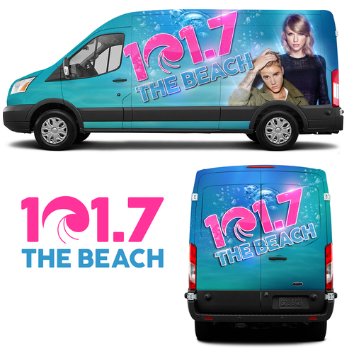 Transit design with the title '107.7 The Beach Radio Station Vehicle Wrap'