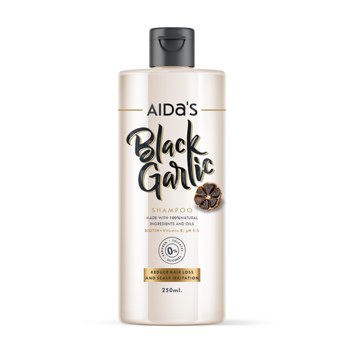 Natural packaging with the title 'Label design for shampoo with black garlic'