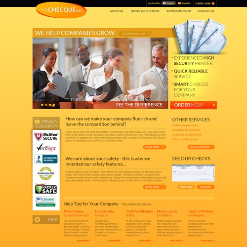 Orange website with the title 'Financial website design for Micheque.com'