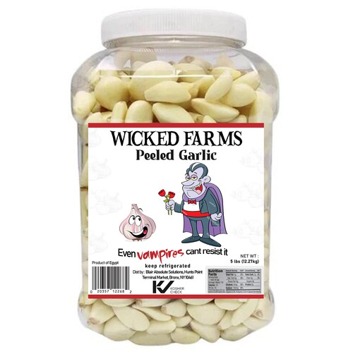 Vampire design with the title 'Wicked farms Garlic label '