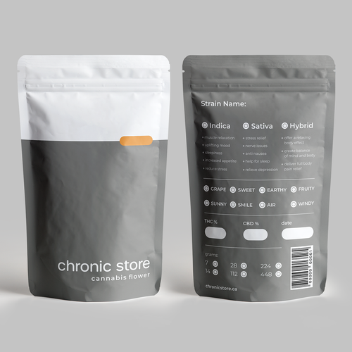 Modern packaging with the title 'Design new bag design for Chronic Store'