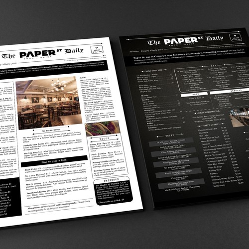Newspaper design with the title 'newspaper style restaurant menu'