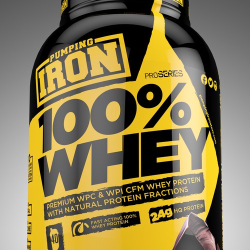 Power design with the title 'PUMPING IRON WHEY PROTEIN'